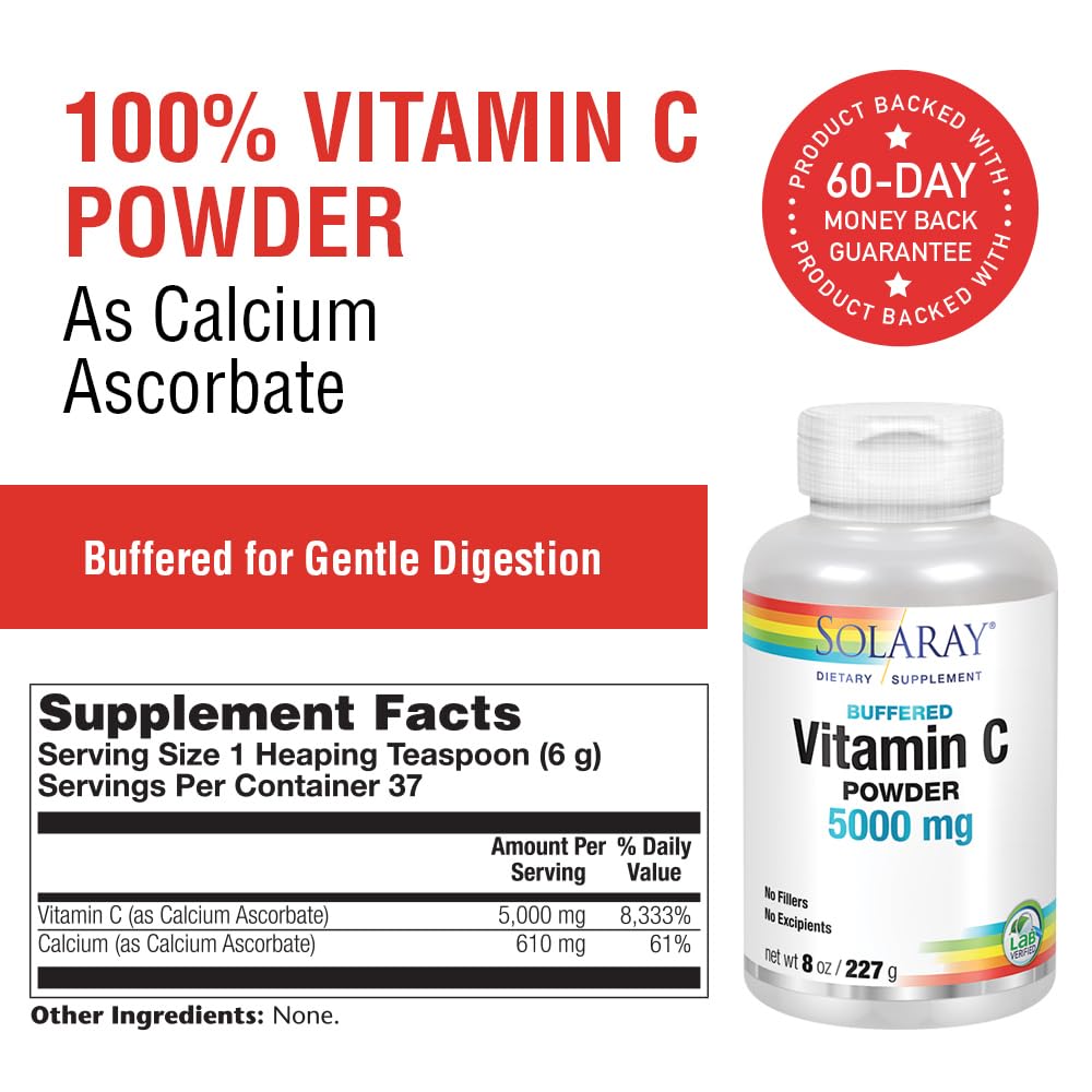 SOLARAY Vitamine C Cristalline 5000 mg — cuillère-dose pratique pour doser chaque jour.