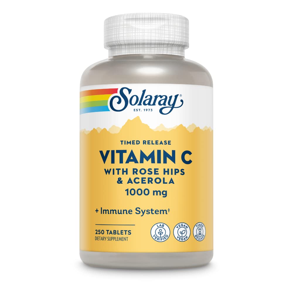 SOLARAY vitamine C cynorrhodon Acerola en bouteille, potentiel soutien immunitaire au quotidien.