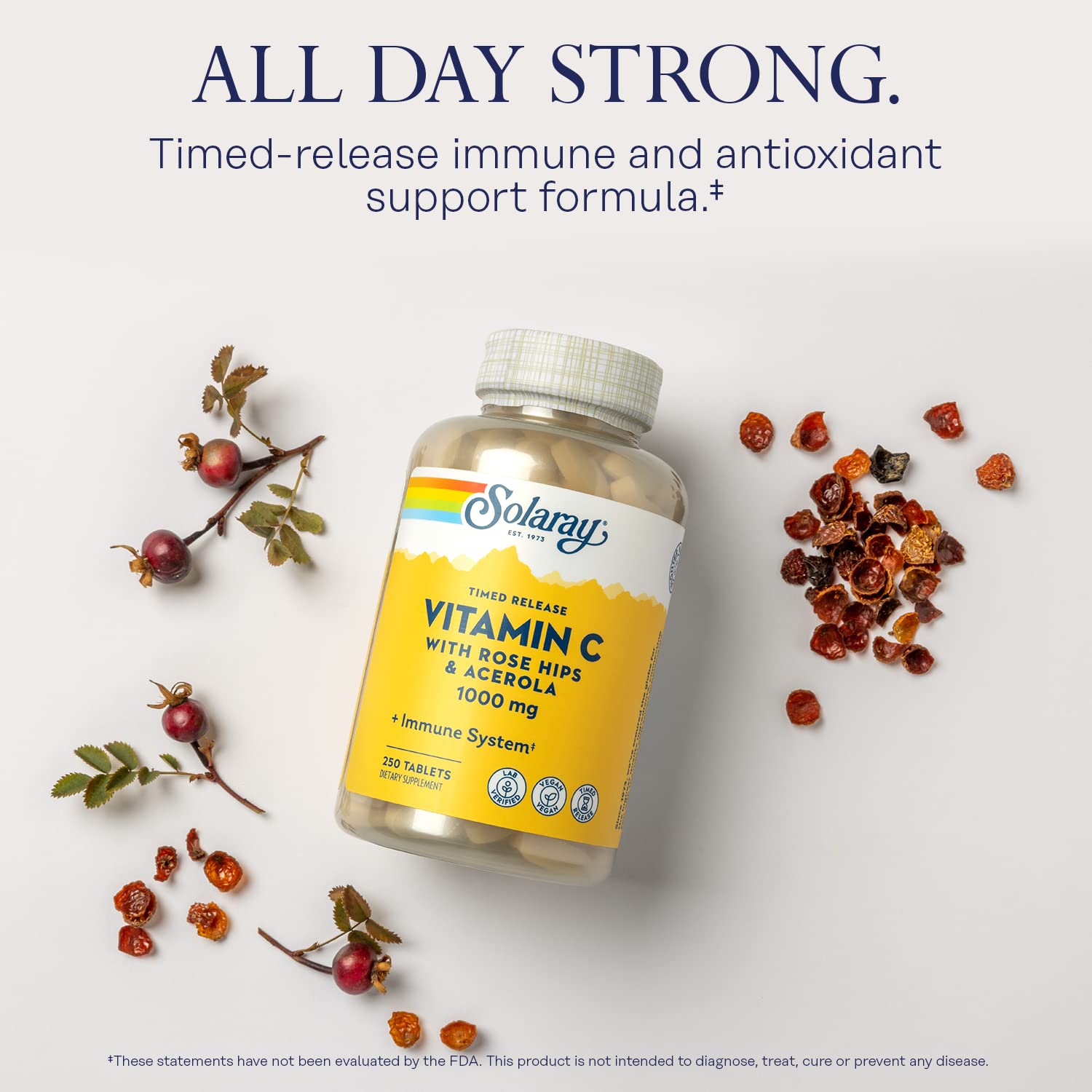 SOLARAY étiquette vitamine C cynorrhodon Acerola, pour un usage pratique et clair.