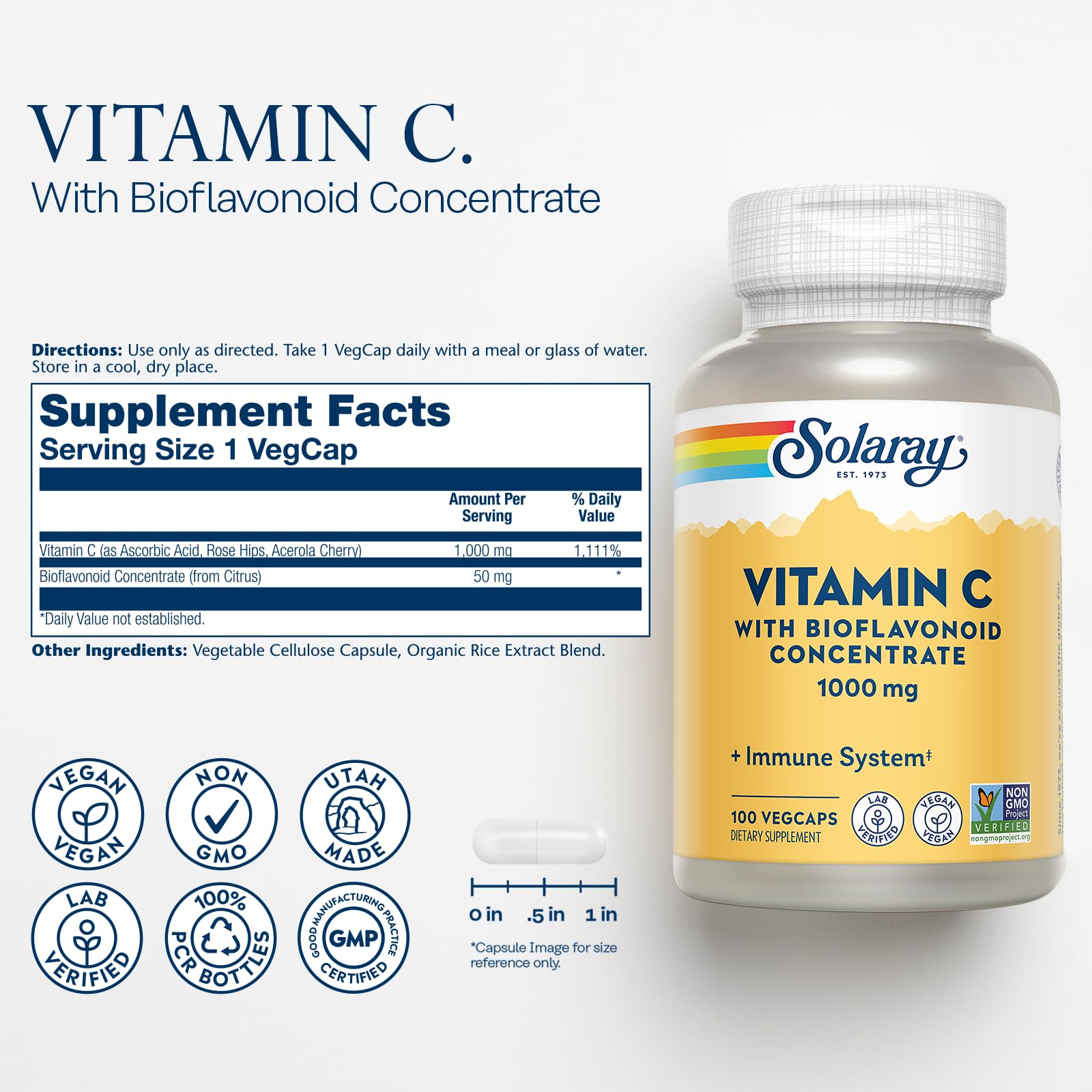 SOLARAY vitamine C avec fruits d'églantier et acérola, riche en nutriments.