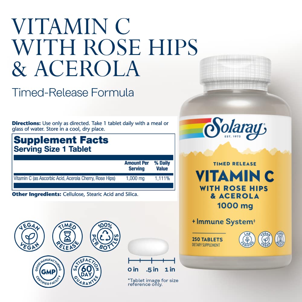 SOLARAY gélules vitamine C cynorrhodon Acerola, idéal pour une utilisation quotidienne.