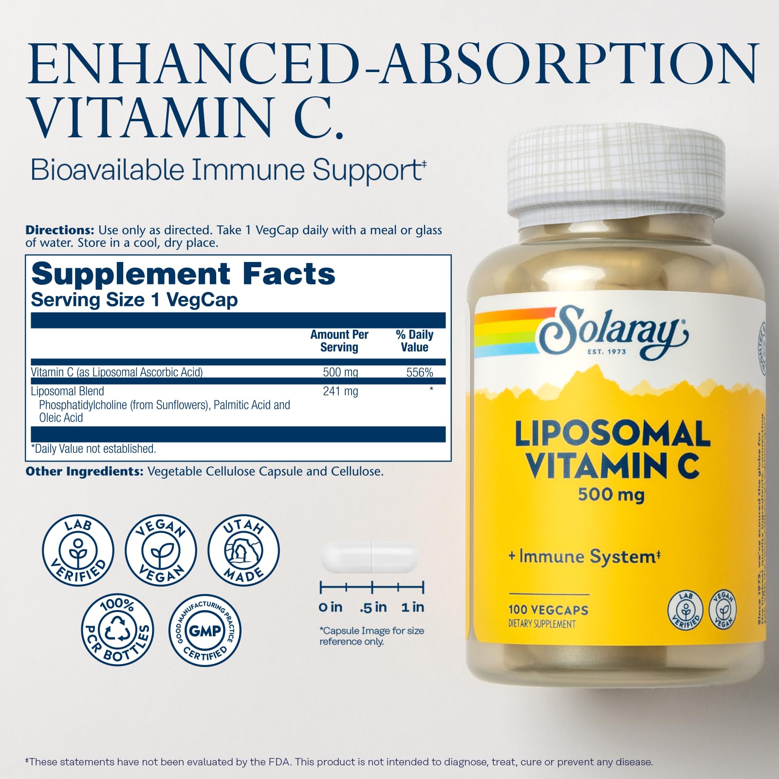 SOLARAY Vitamine C liposomale avec capsules véganes faciles à prendre pour l’usage quotidien.