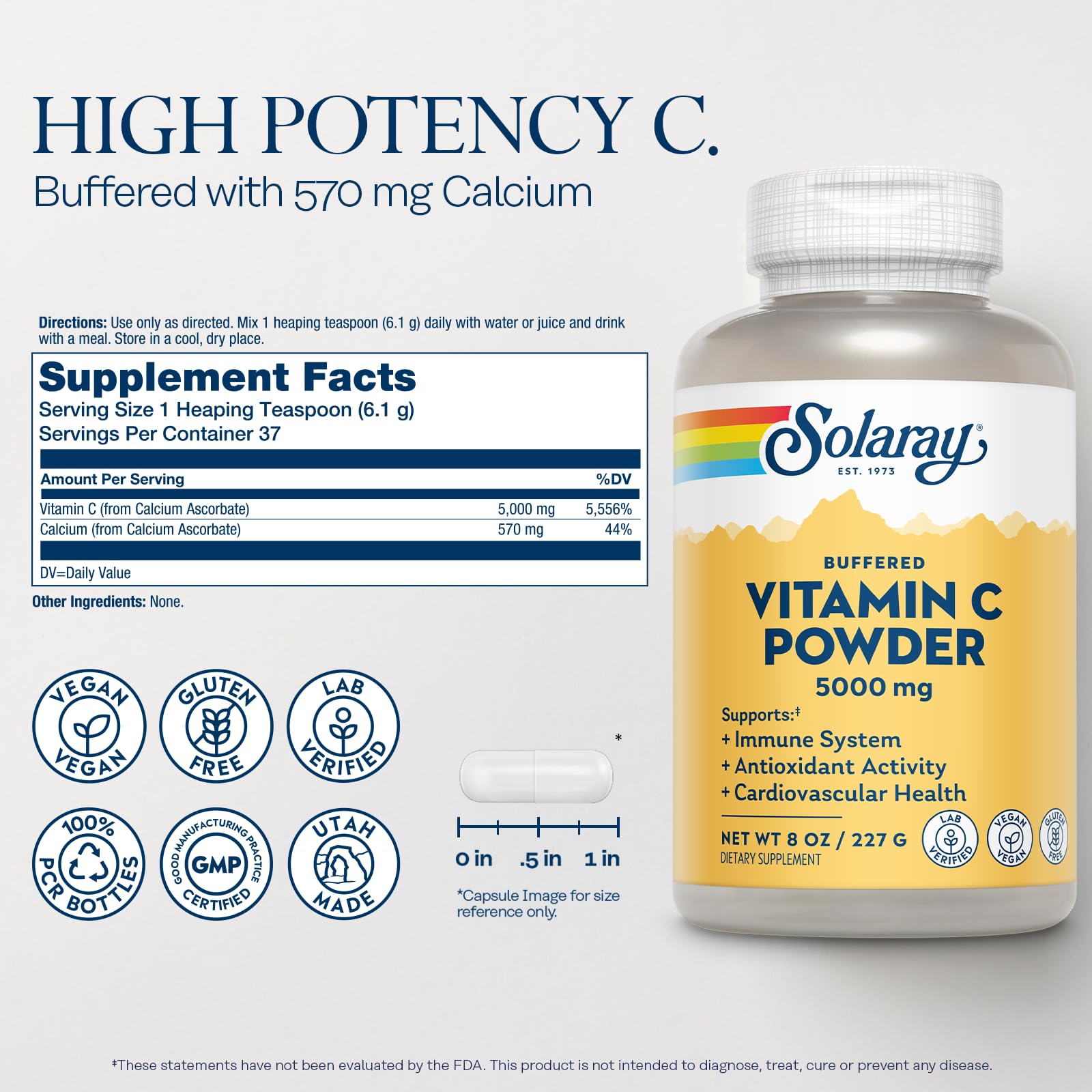 SOLARAY Vitamine C poudre 5000 mg, doseur inclus, facilité quotidienne.