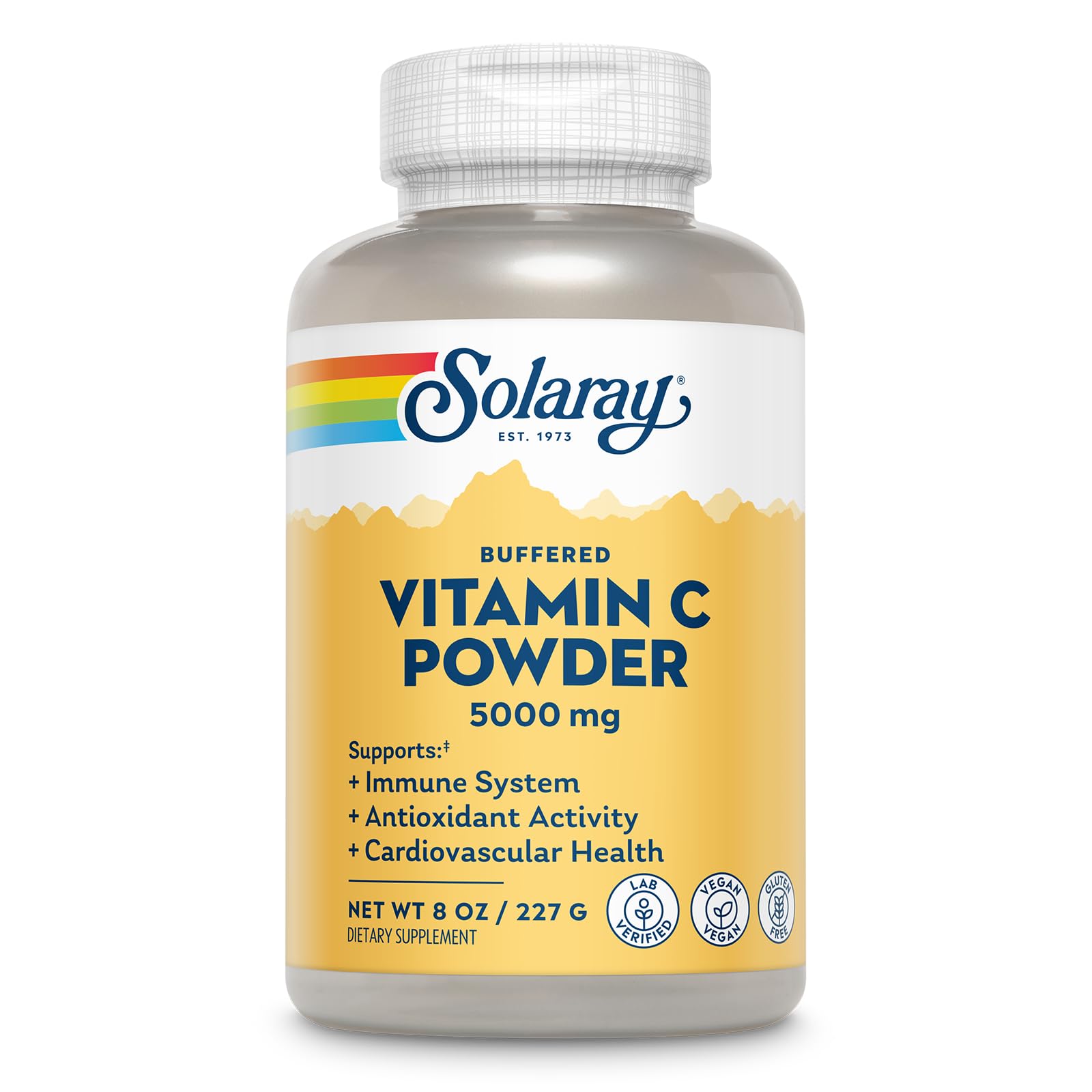 SOLARAY Vitamine C poudre 5000 mg dans le pot, soutien potentiel de l'immunité.
