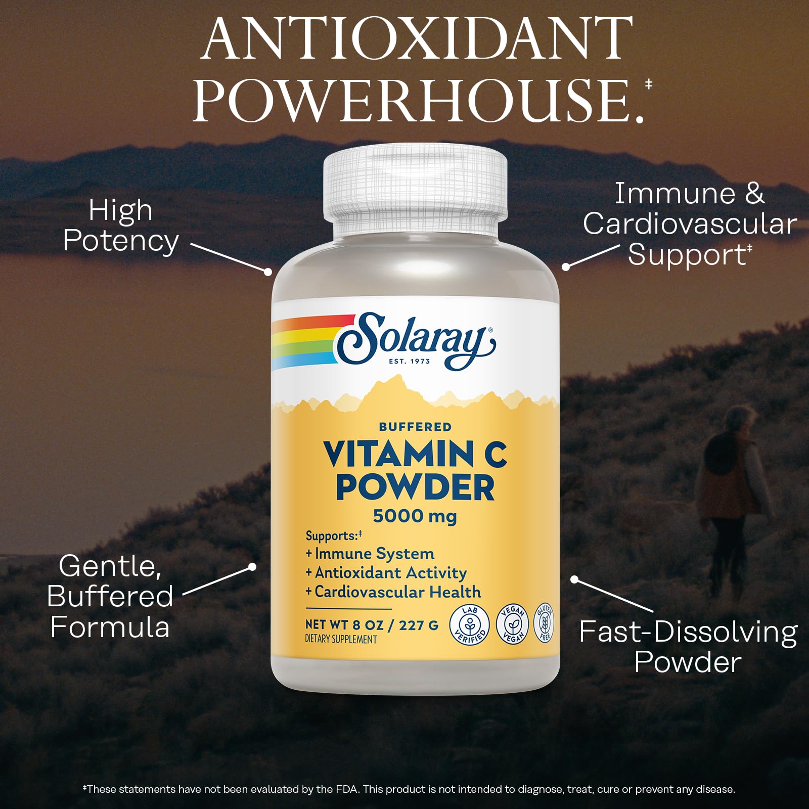 SOLARAY Vitamine C poudre 5000 mg, dissolvable dans l'eau pour un apport rapide.