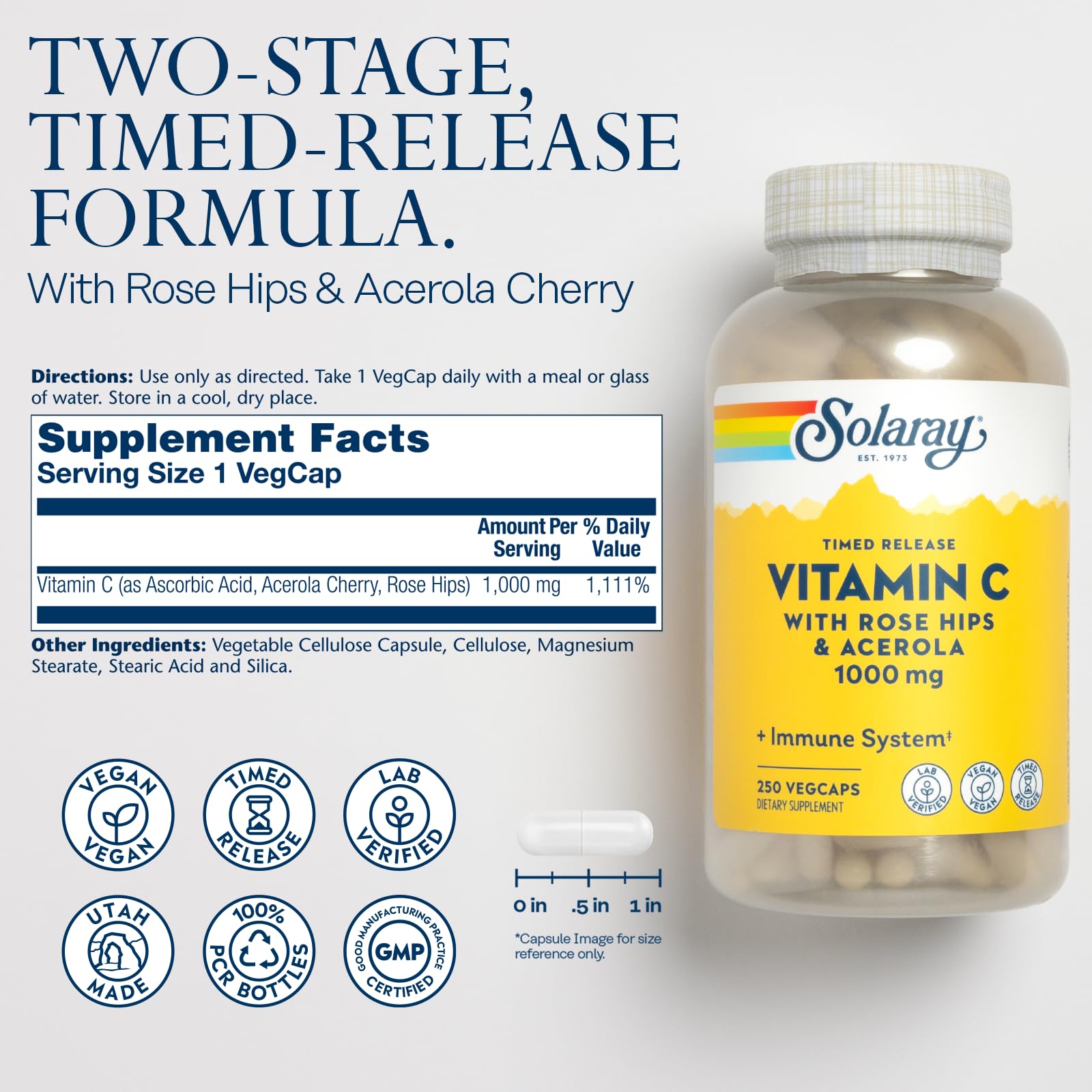 Capsules Solaray avec rose hips et acerola, absorption potentielle améliorée.