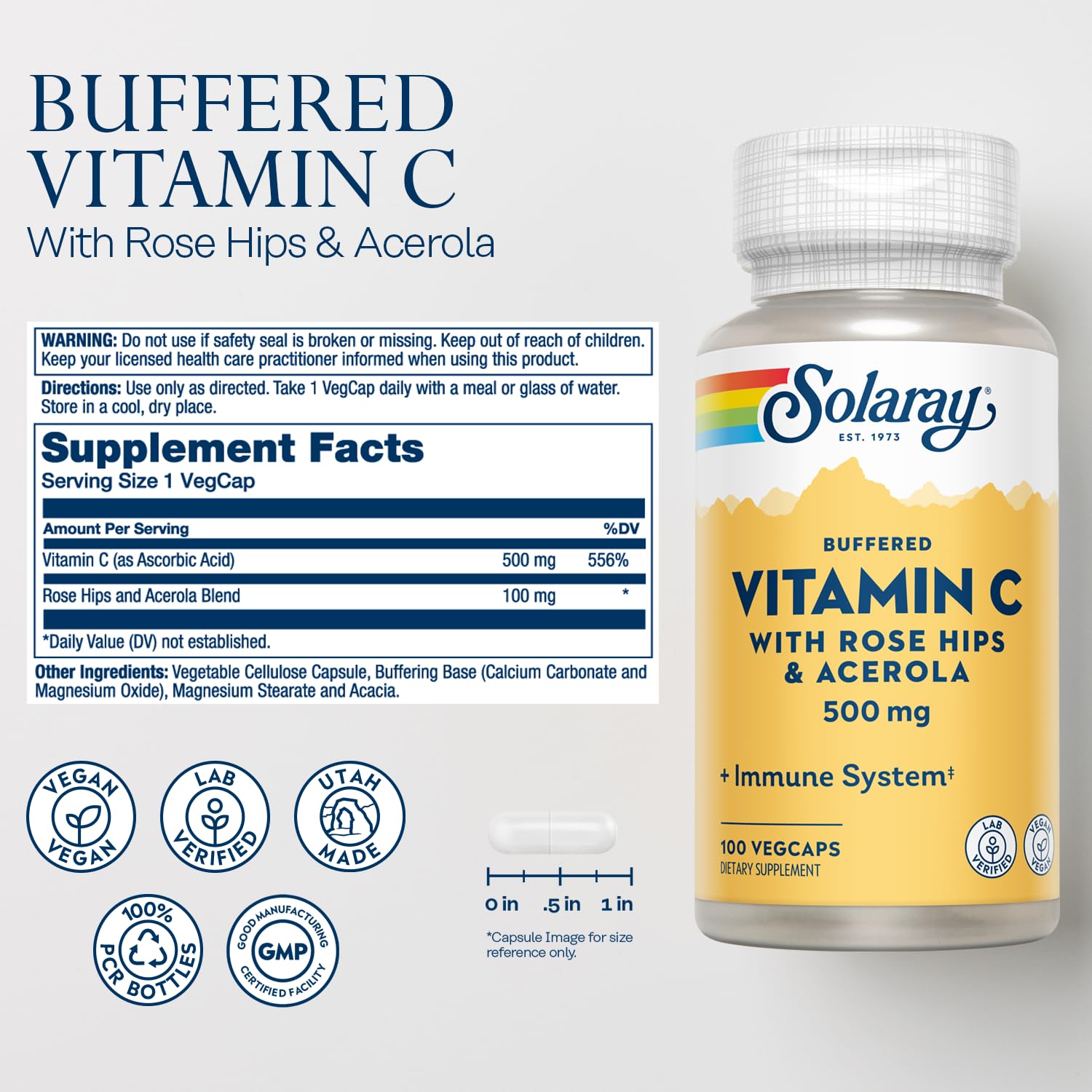 SOLARAY capsules vitamine C tamponnée 500 mg, formulation douce et digeste.