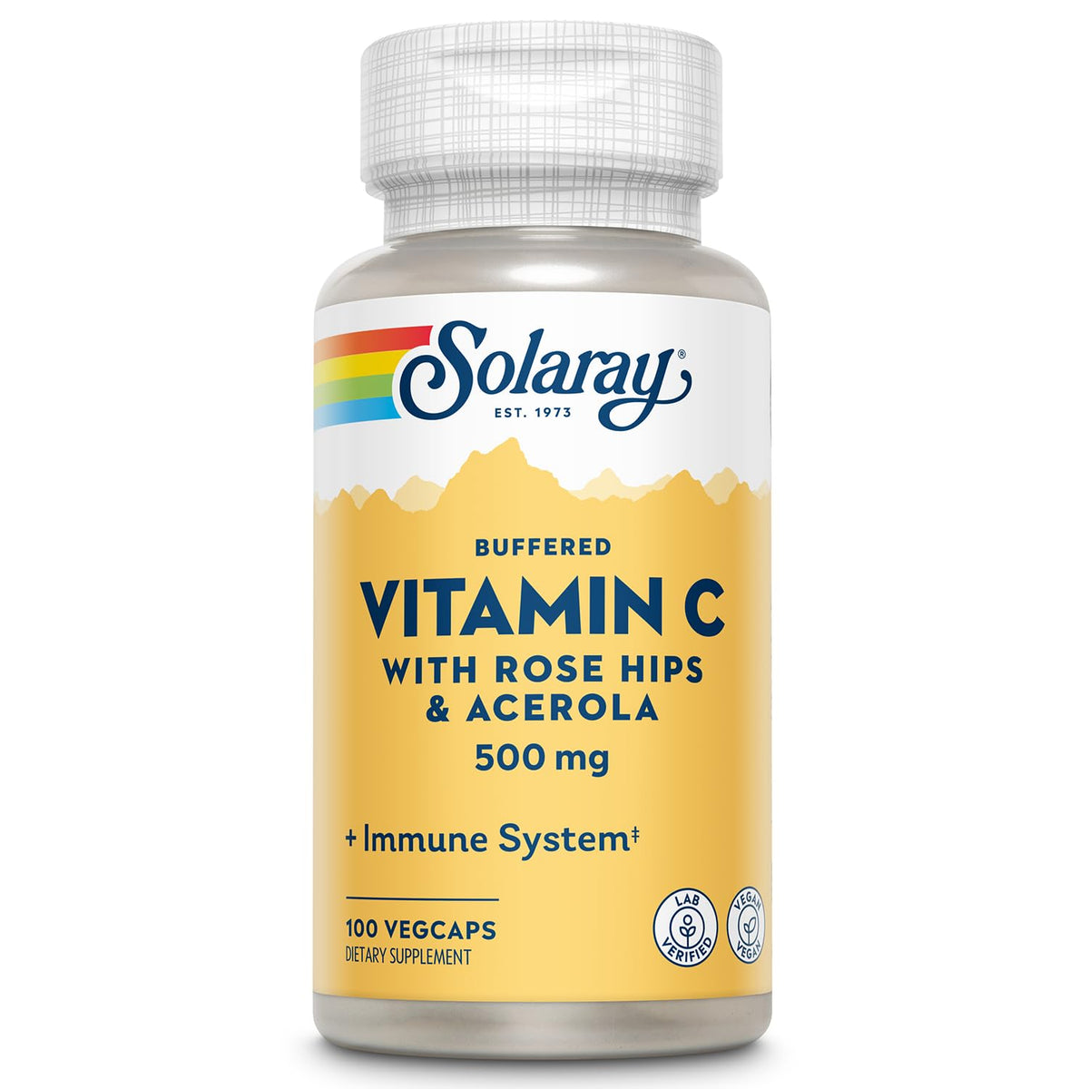 SOLARAY bouteille vitamine C tamponnée rose-hips, soutien potentiel au quotidien.