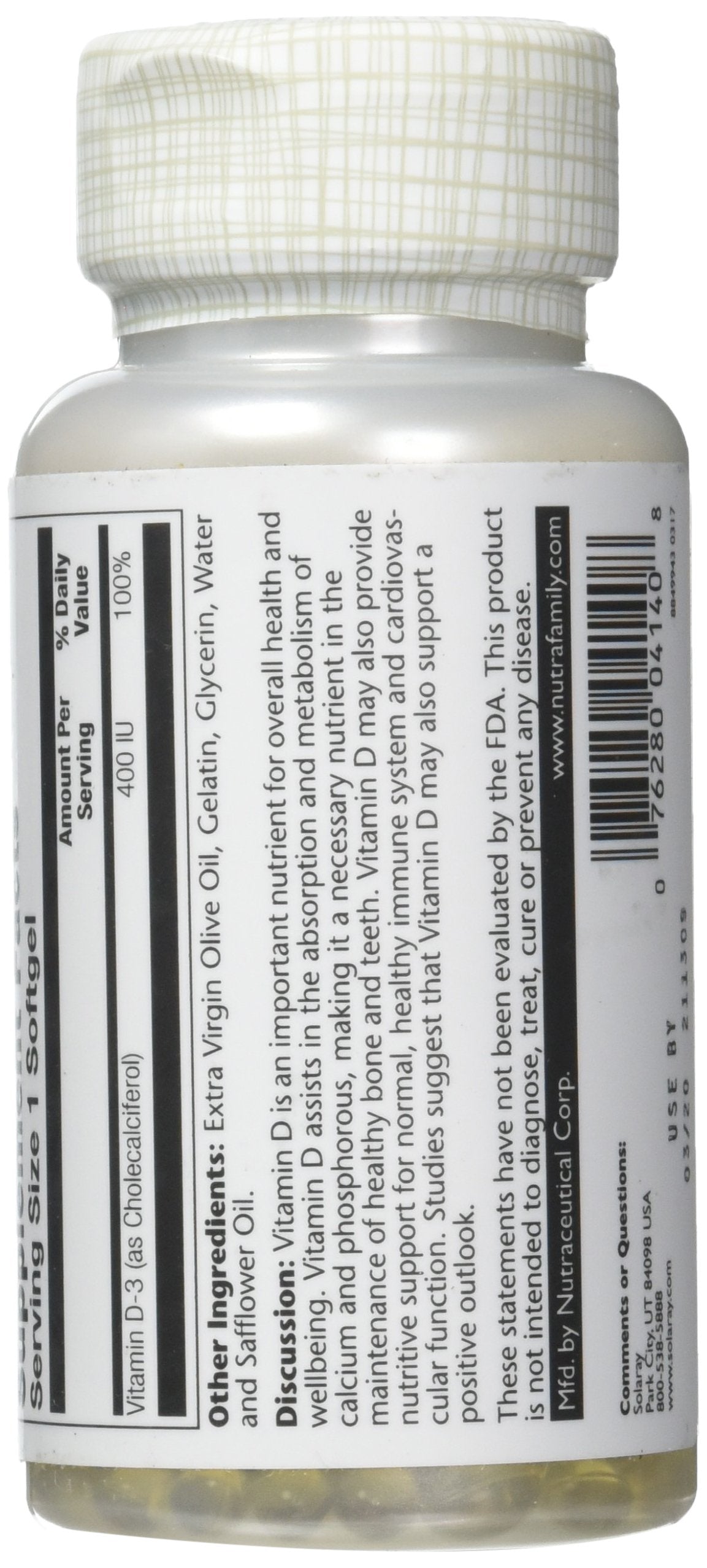 SOLARAY vitamine D-3 400 UI emballage prêt à l'emploi pour une utilisation pratique.