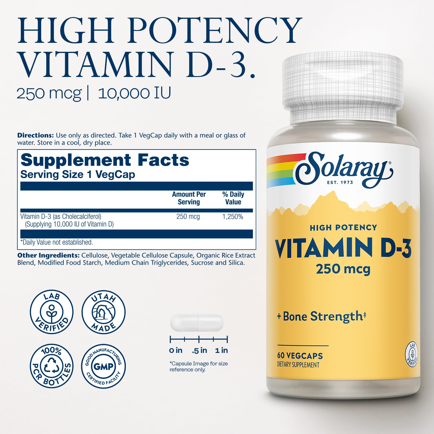 SOLARAY Vitamine D3 – Gélules visibles, dose élevée pour une utilisation pratique