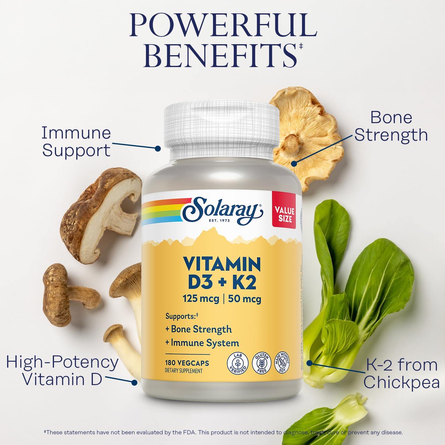 SOLARAY vitamine D3 K2 – Étiquette claire et informative