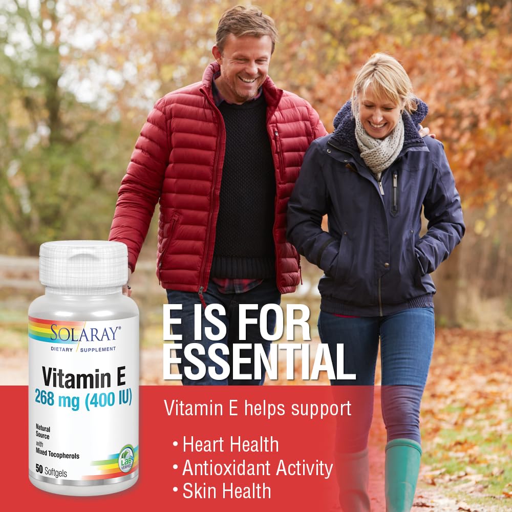 Boîte SOLARAY vitamine E 400 UI avec étiquette lisible.