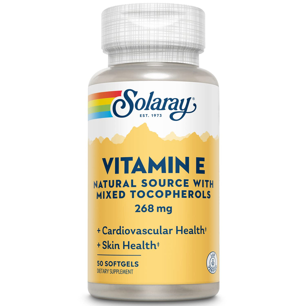 SOLARAY vitamine E 400 UI, capsule molle dans bouteille, soutien potentiel pour peau et cœur.