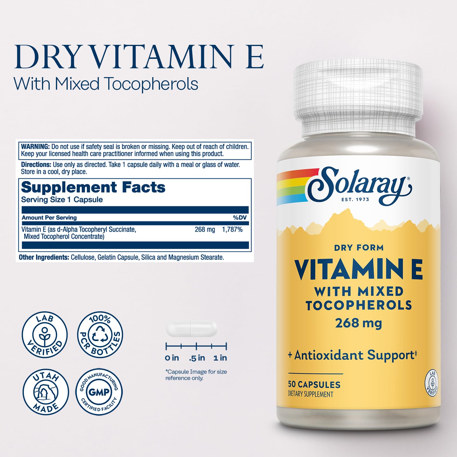 SOLARAY Vitamin E – capsules sèches sans huile, digestion douce et quotidienne.