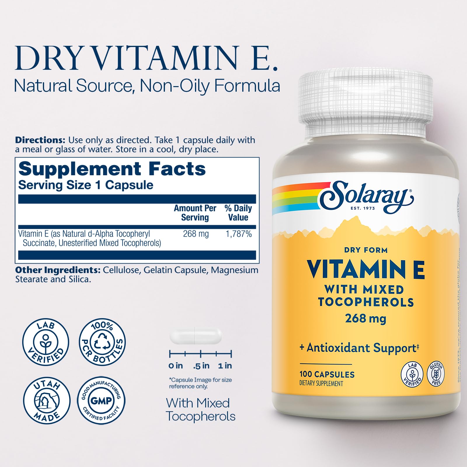 Capsules SOLARAY vitamine E 400 UI en forme sèche, antioxydant naturel.