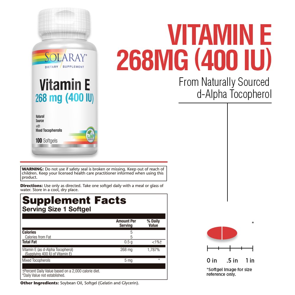 SOLARAY Vitamine E d-Alpha Tocophérol 268 mg – boîte, emballage clair et sûr.