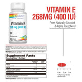 SOLARAY Vitamine E d-Alpha Tocophérol 268 mg – boîte, emballage clair et sûr.