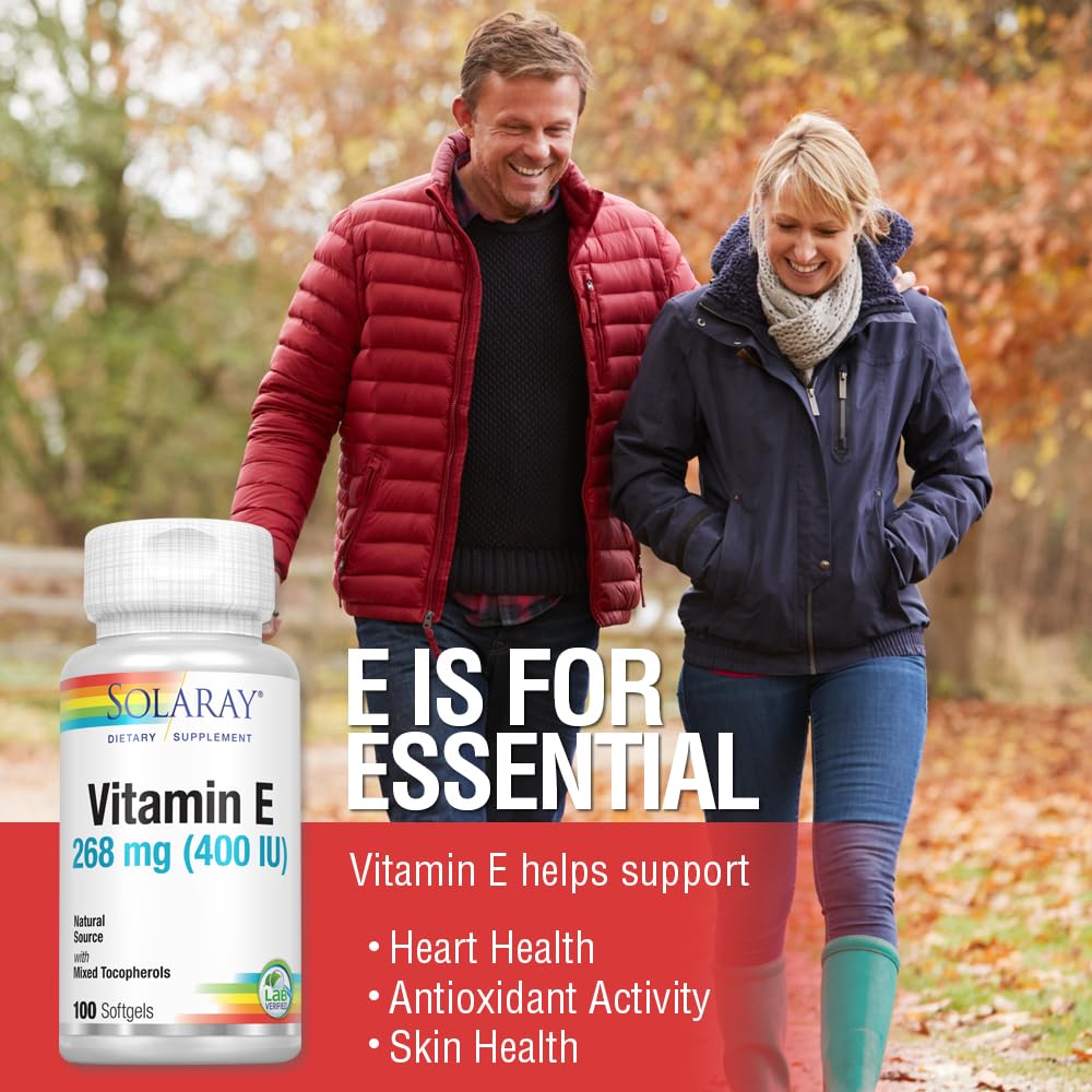 SOLARAY Vitamine E d-Alpha Tocophérol 268 mg – étiquette lisible, dosage 268 mg par gélule.