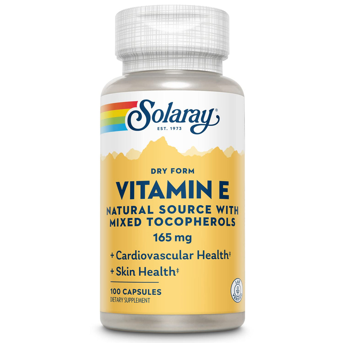 SOLARAY vitamine E 200 UI en bouteille, format sec, pratique et sans huile.