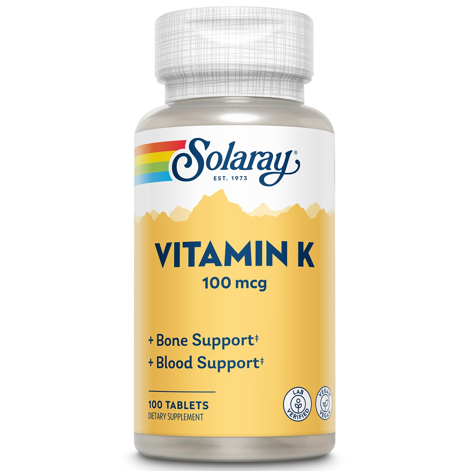 Flacon SOLARAY Vitamine K-1 100 mcg soutenant une coagulation normale et une structure osseuse saine.