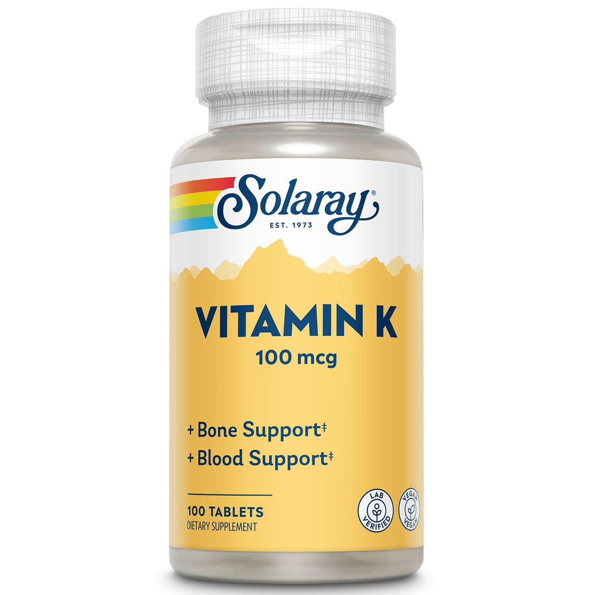 Flacon SOLARAY Vitamine K-1 100 mcg soutenant une coagulation normale et une structure osseuse saine.
