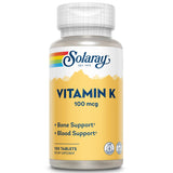 Flacon SOLARAY Vitamine K-1 100 mcg soutenant une coagulation normale et une structure osseuse saine.