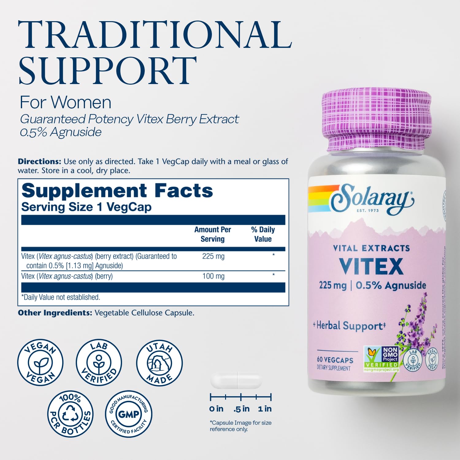 Étiquette SOLARAY Vitex montrant les ingrédients et posologie.
