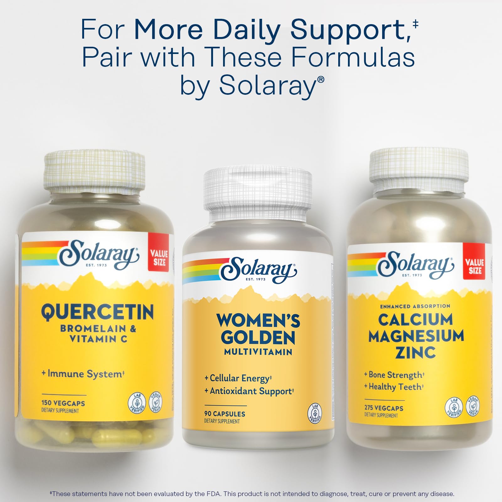 Ingrédients SOLARAY équilibrés, vitamines et minéraux essentiels pour le quotidien.