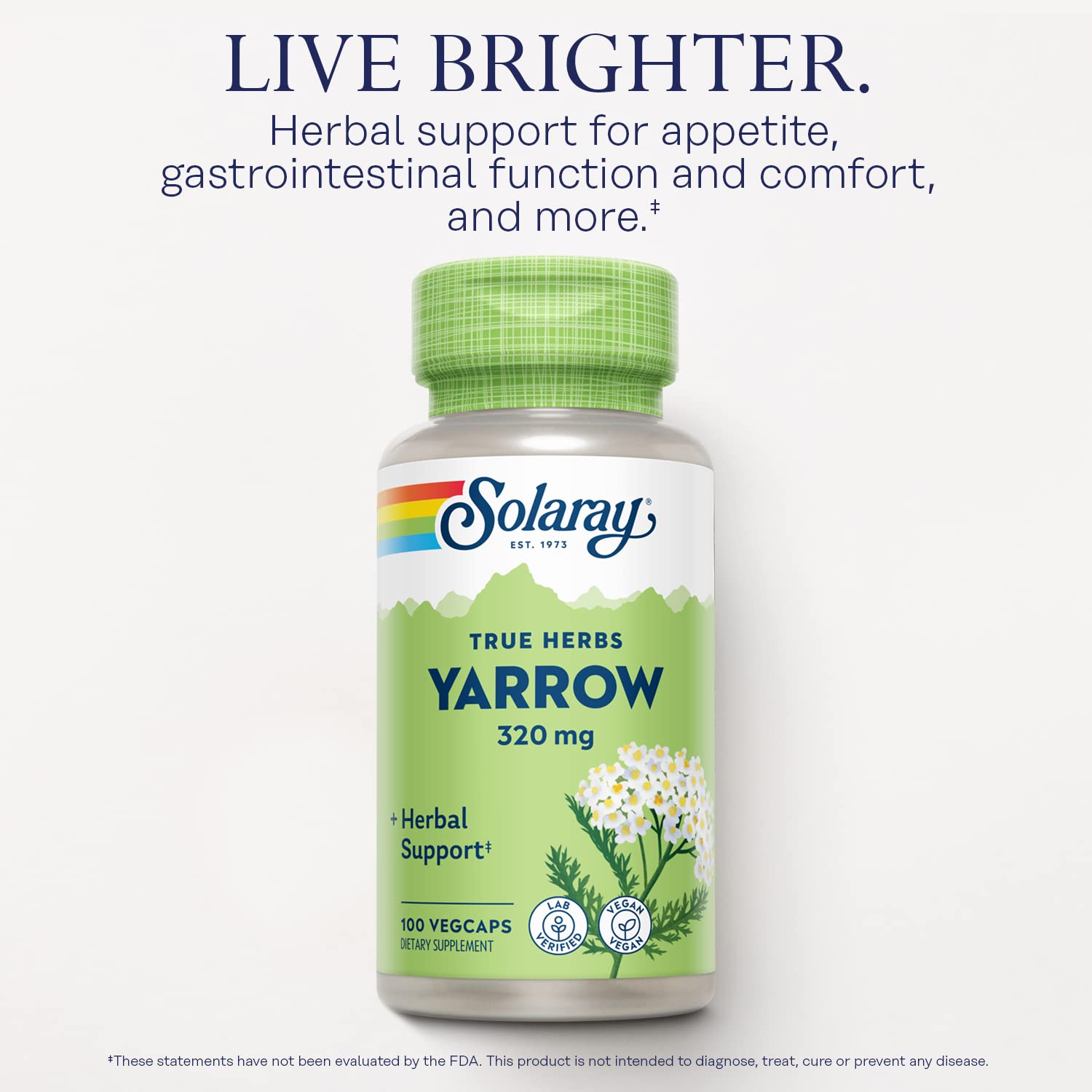 SOLARAY Achillée Yarrow 320 mg – étiquette naturelle et design clair.