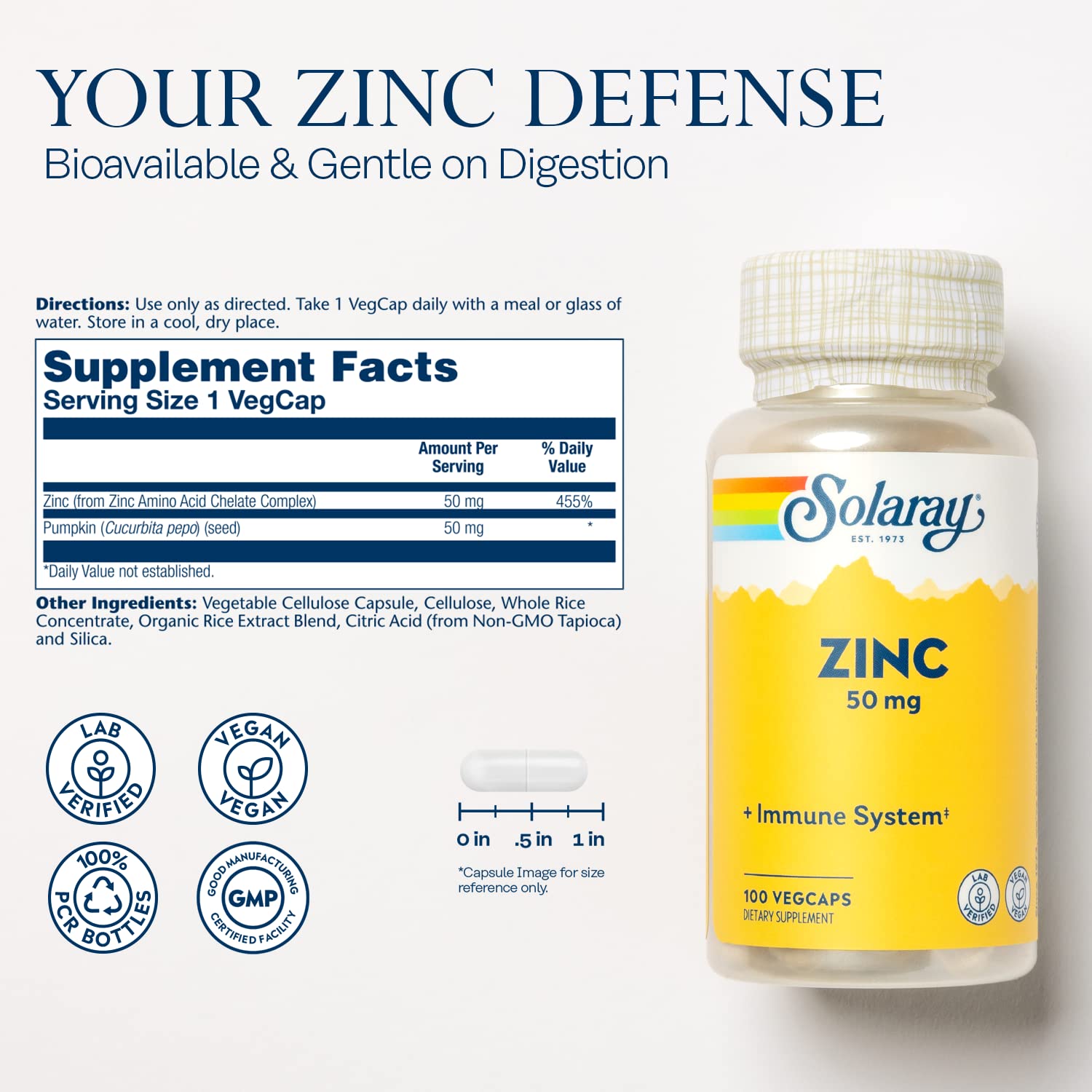 SOLARAY Zinc 50 mg – bouteille vegan avec graines de courge pour énergie zinc complémentaire.