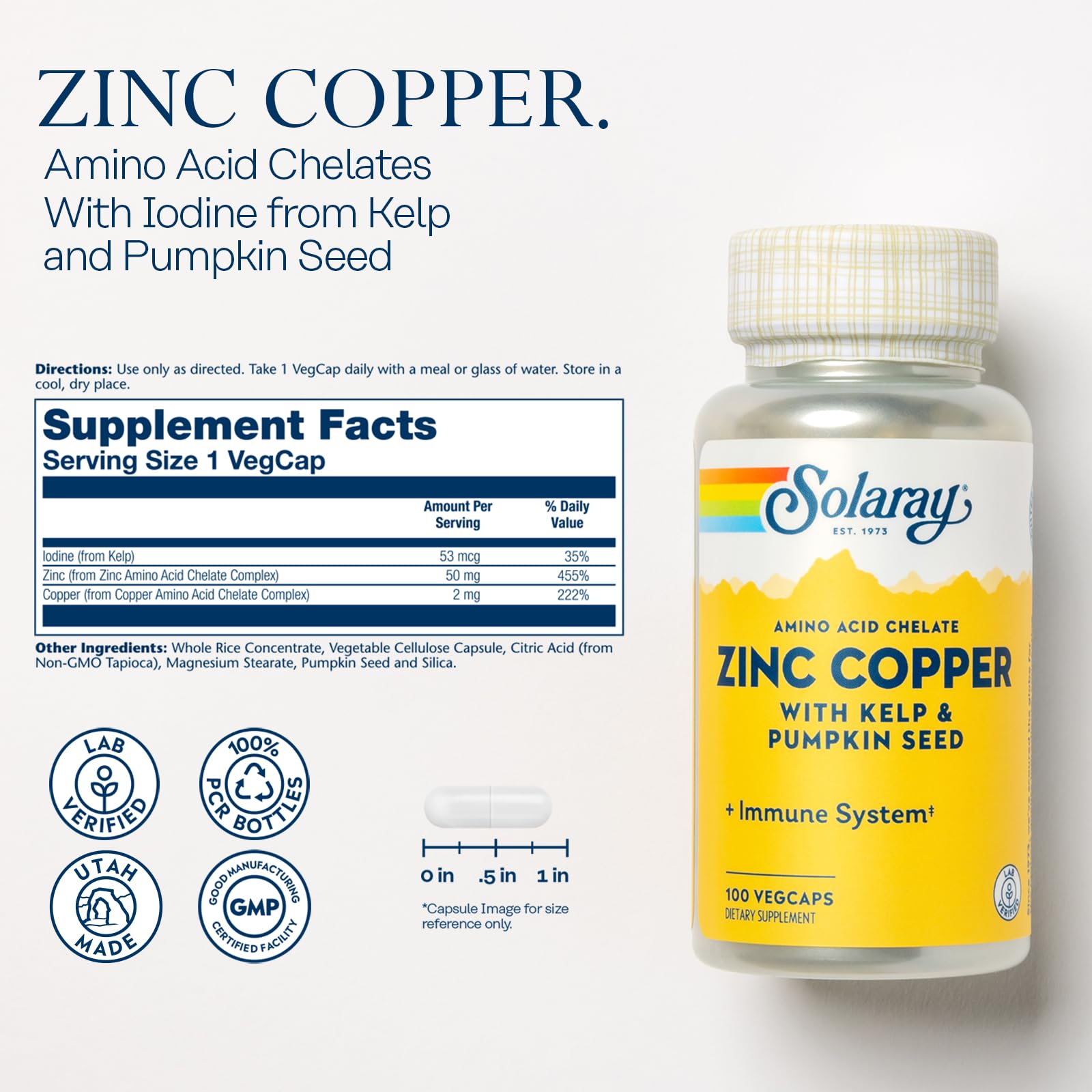 Gélules SOLARAY Zinc Cuivre – formulation aminée facilitant l’absorption.