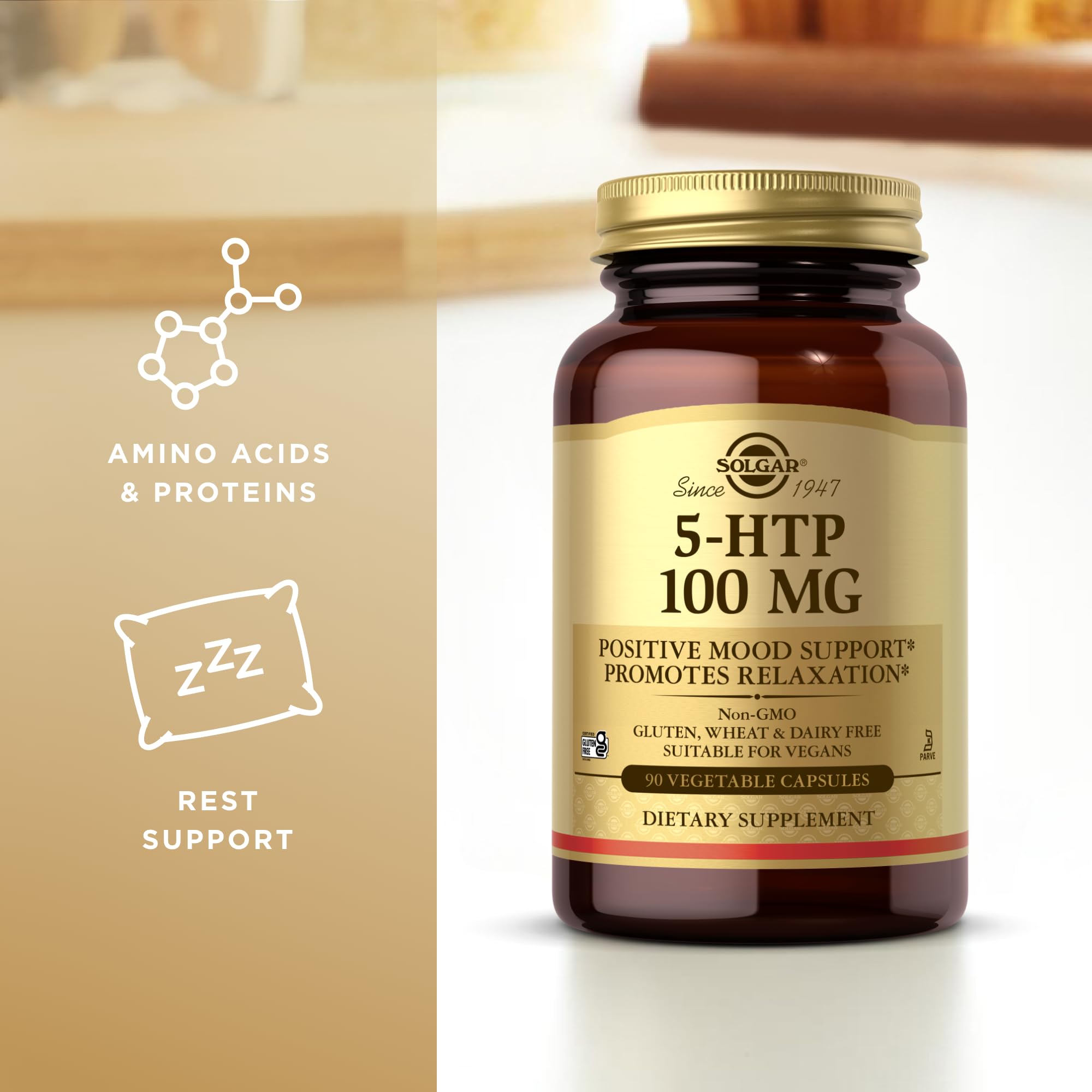 Emballage sans gluten Solgar 5-HTP 100 mg, conforme à un régime sans gluten.