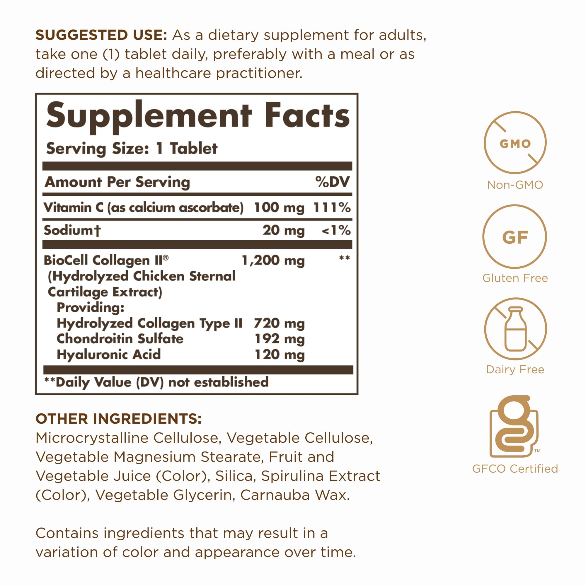 Solgar acide hyaluronique collagène complexe – bouteille, prise quotidienne pratique.
