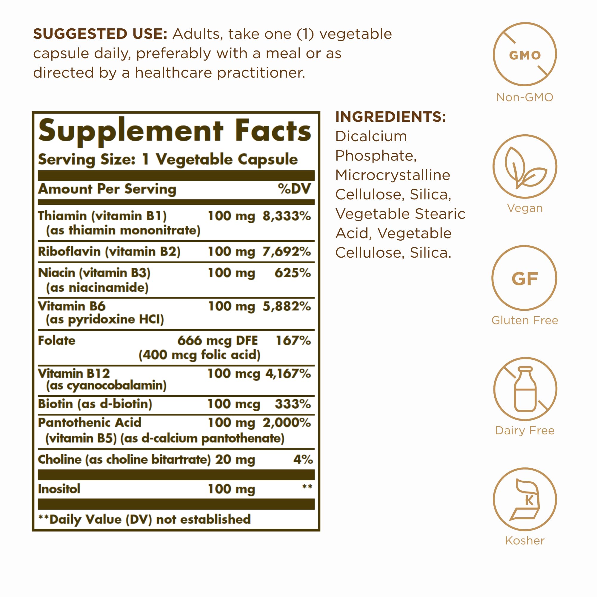 Solgar B-Complex 100, étiquette claire, ingrédients végan et sans OGM.
