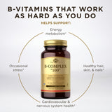 Capsules Solgar B-Complex 100 sur emballage, informations d’usage et conservation.