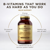 Solgar B-Complex 100 : gélules faciles à avaler pour le métabolisme des nutriments.