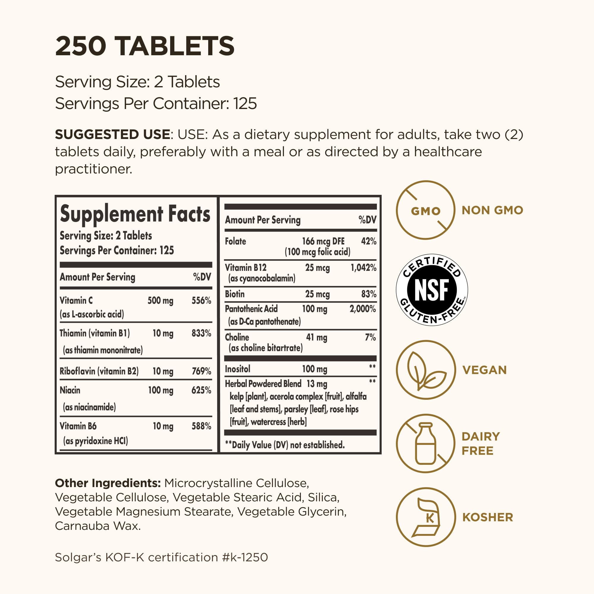 Comprimés Solgar B-Complex faciles à avaler, soutien quotidien