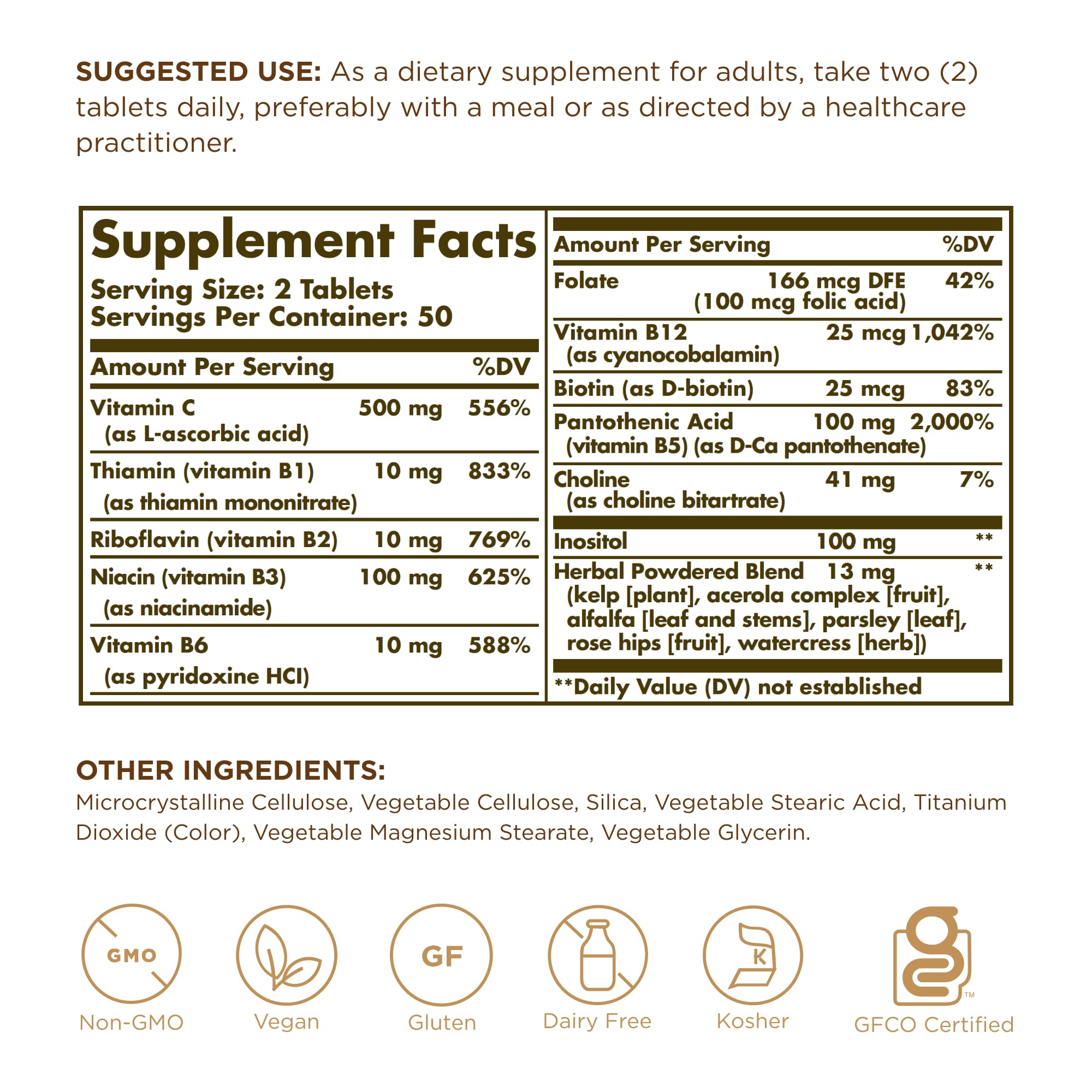 Solgar B-Complex pilules – format pratique pour le métabolisme des nutriments.