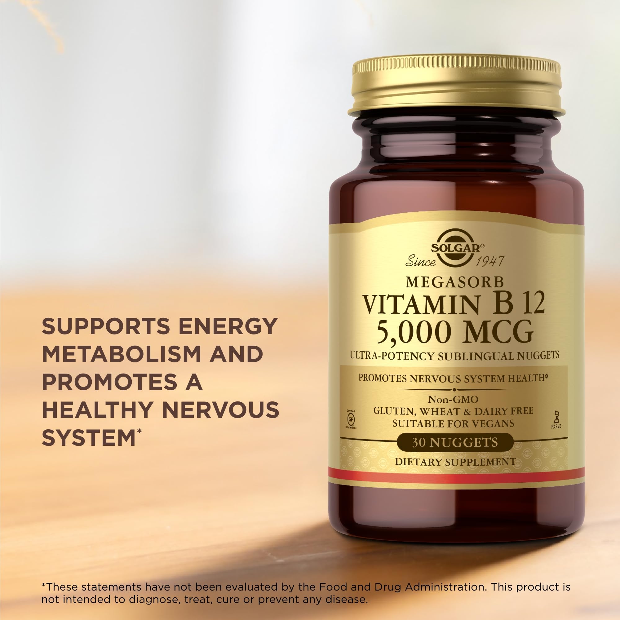 Solgar B12 5000 mcg – non-OGM et matières premières de qualité.