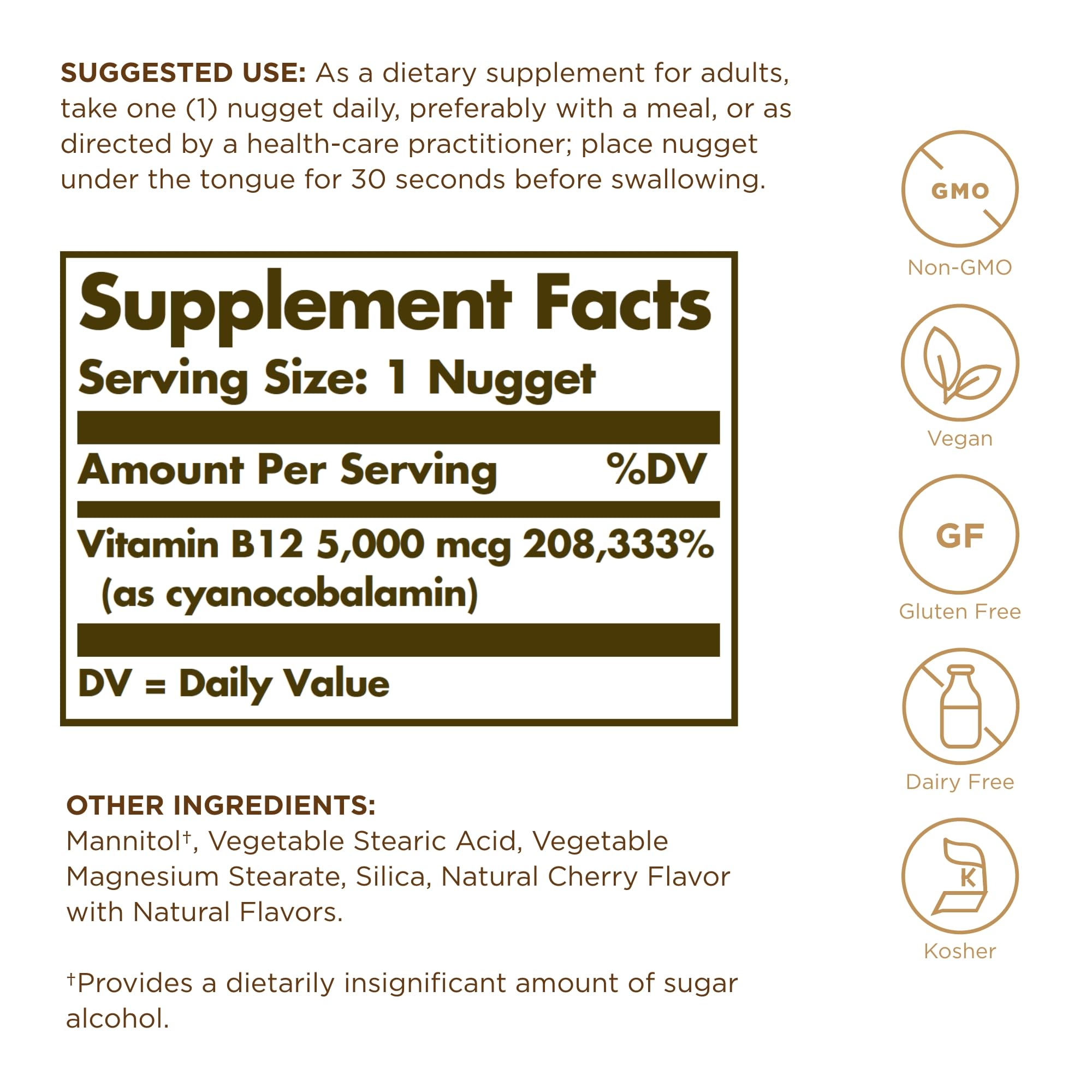 Solgar B12 5000 mcg – nuggets fondants sous la langue, absorption rapide.