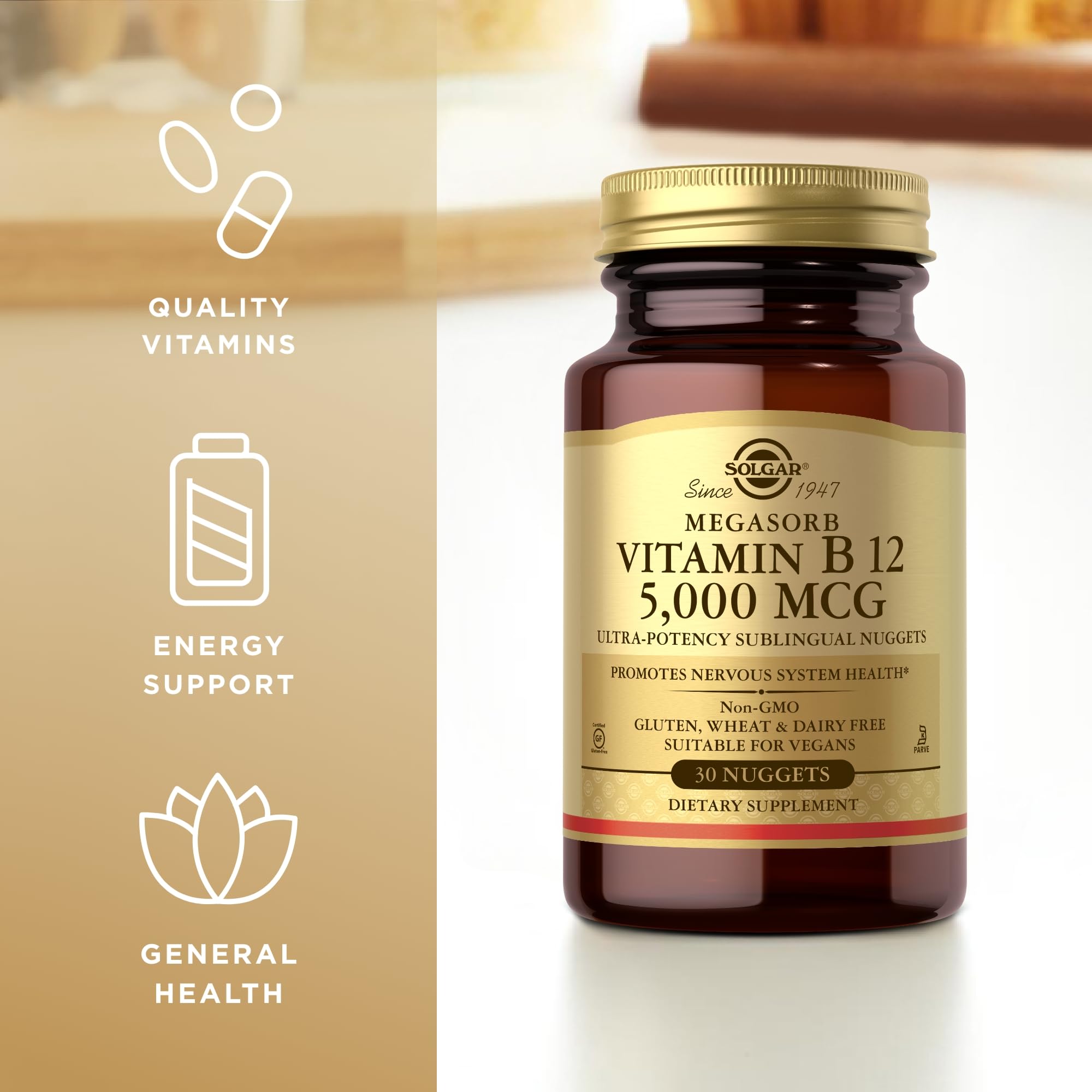 Solgar B12 5000 mcg – vegan et sans gluten ni lactose.