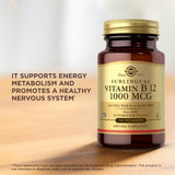 Étiquette Solgar B12 1000 µg: produit adapté vegan et sans gluten pour les choix diététiques.