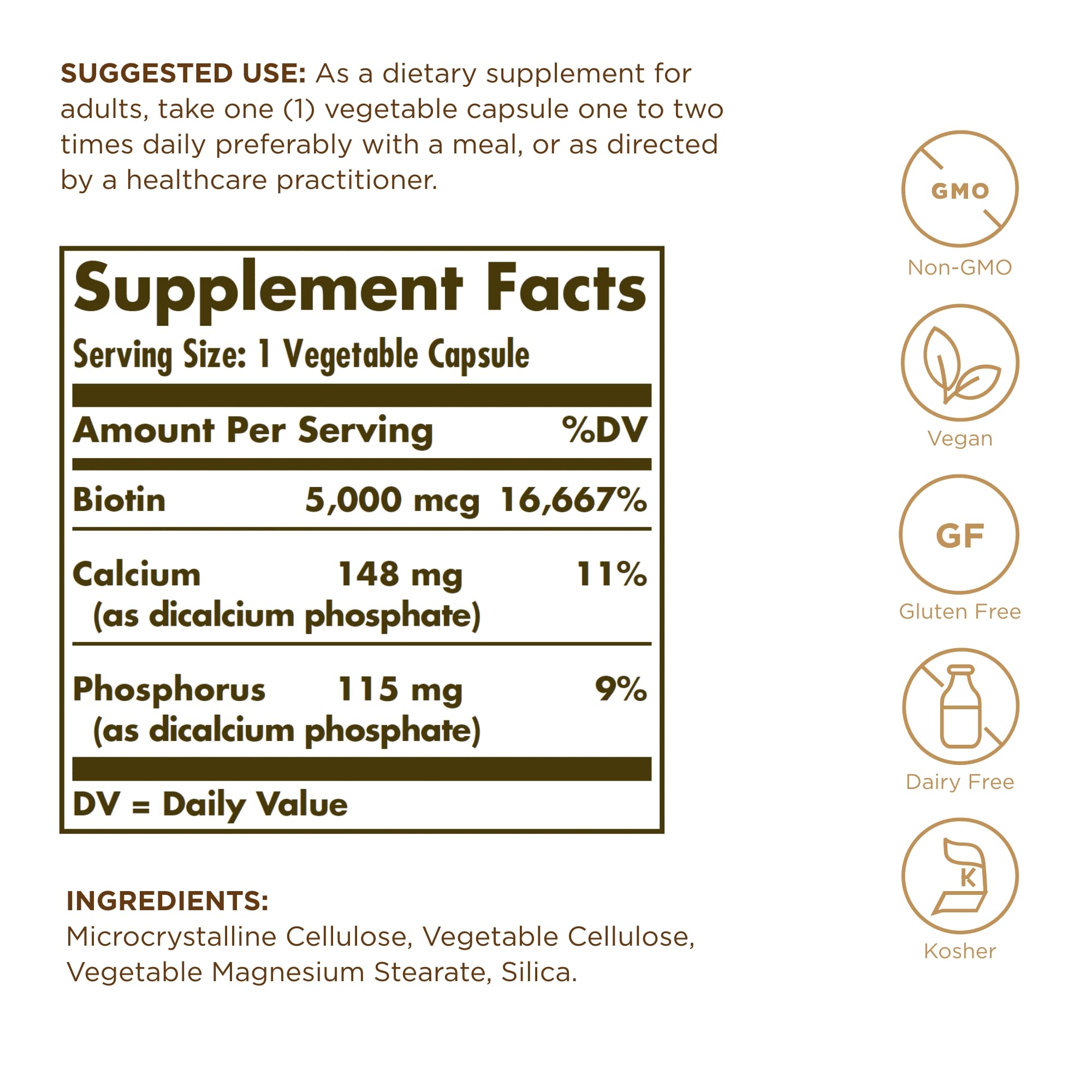 Étiquette Solgar Biotine 5000 mcg, informations claires sur le régime végane et sans gluten.