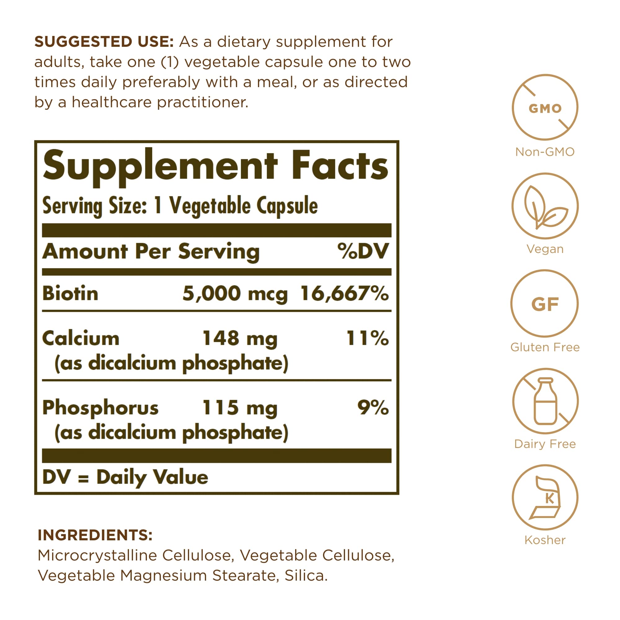 Capsules végétales Solgar Biotin en gros-plan, produit adapté à une routine beauté.