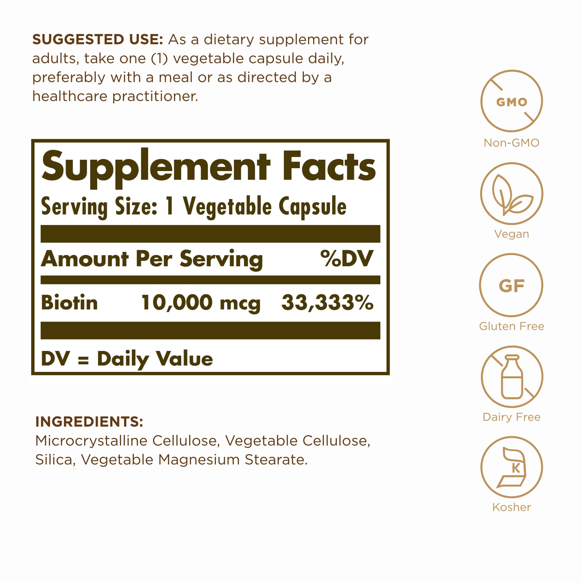 Solgar Biotine 10000 mcg - capsules végétales, haute potence adaptée à la beauté capillaire.