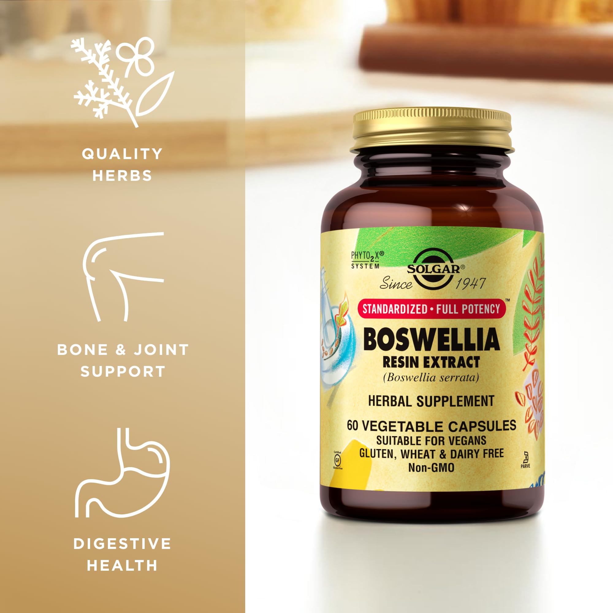 Solgar Boswellia Extrait de Résine — flacon compact, idéal pour voyages.