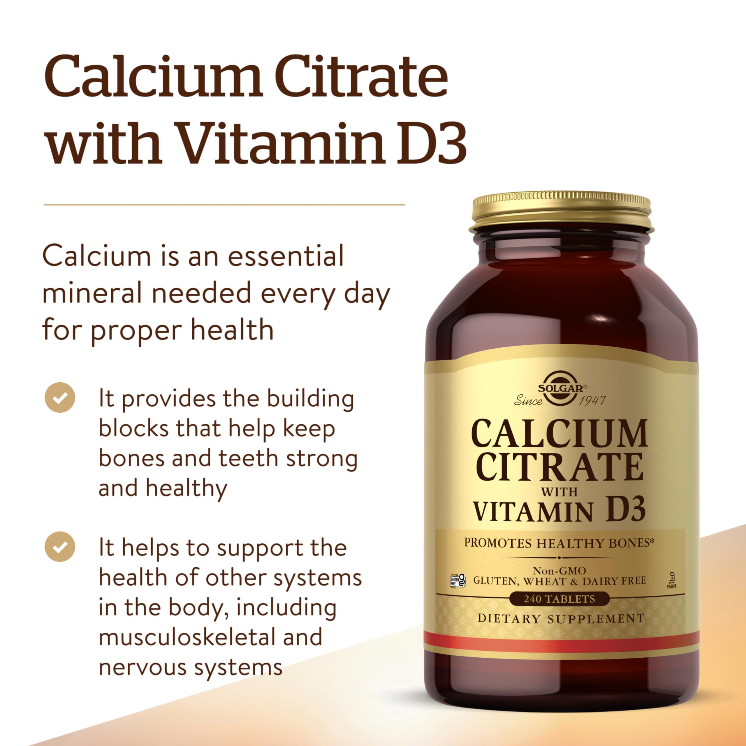 Solgar Calcium Citrate D3 – étiquette lisible, conformité sans gluten et sans lactose
