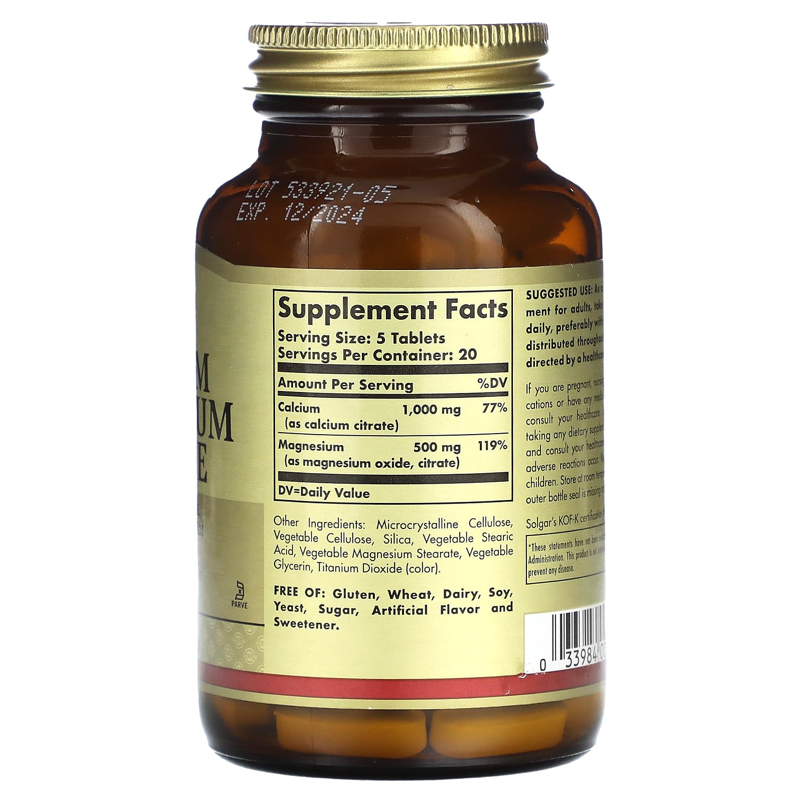 Solgar Calcium Magnésium Citrate, présentation des tablettes, format pratique pour le petit-déjeuner.