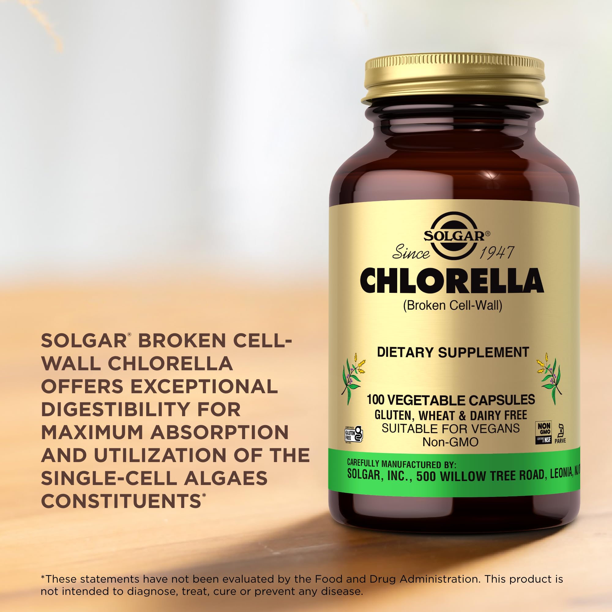 Solgar Chlorella – bouteille indiquant 520 mg par portion.