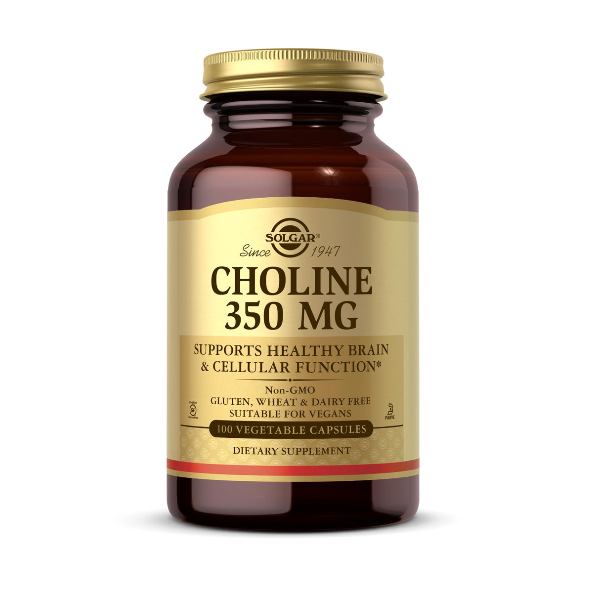 Solgar Choline 350 mg - bouteille visible, soutien potentiel des fonctions cellulaires